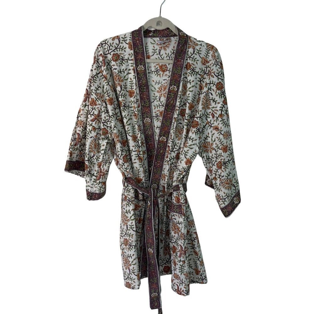 Womens Robe Kimono One Size Multicolor Flowering Vines Block Print New
